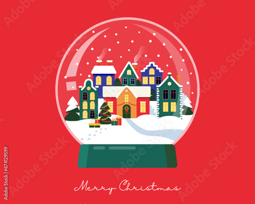 Snow ball with village street with  houses, Christmas trees and  snow  on red background.  Vector design template  for Christmas and Happy New Year