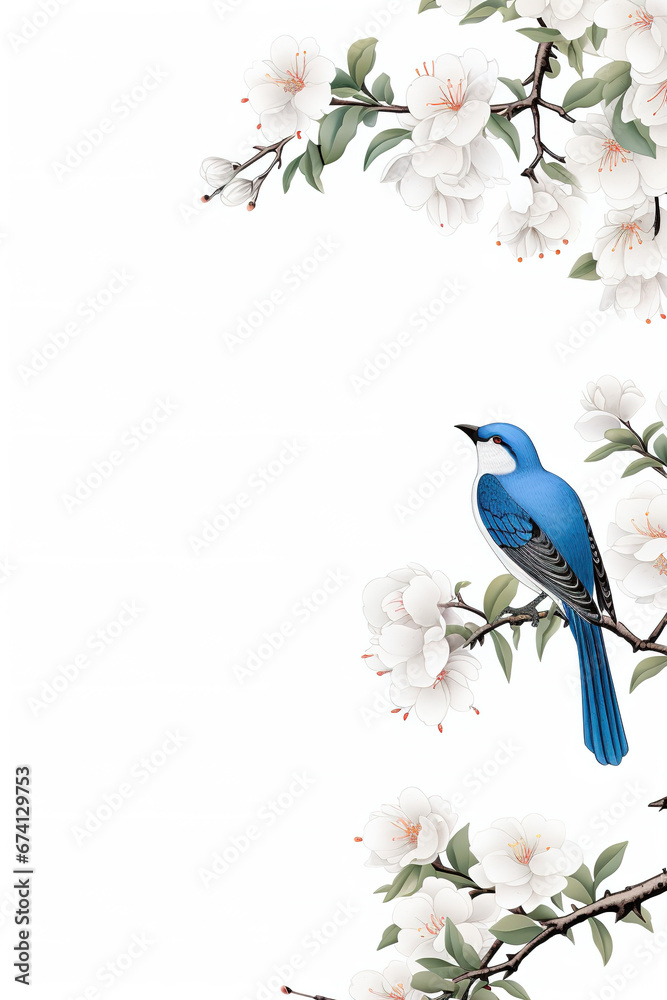 Delicate illustration of bird posing on tree branch with white flowers over white background vertical canvas