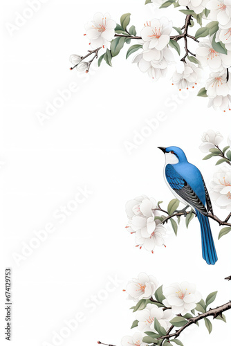 Delicate illustration of bird posing on tree branch with white flowers over white background vertical canvas
