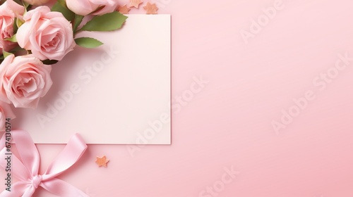 pink rose and blank card for copy space