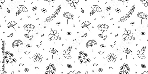 Flowers doodle pattern, floral hand drawn line print, plant retro background. Botanical element outline design. Groove repeat vector illustration