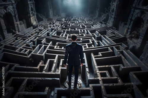 High quality photo of businessman attempting to navigate maze,