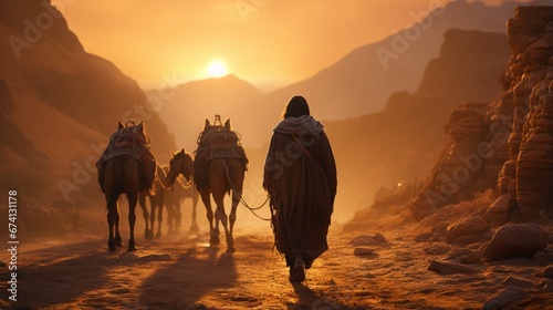 A old man is leading a caravan in desert under sunset