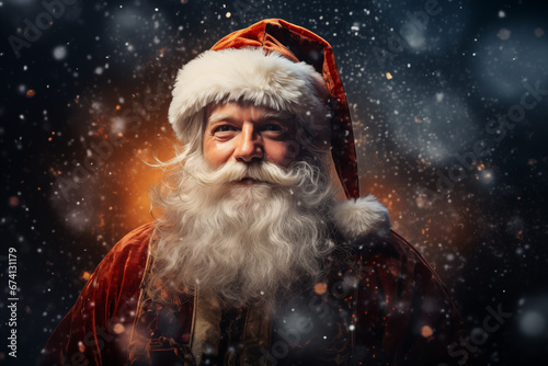 Portrait of Santa Claus on snowfall abstract background. © Jminka