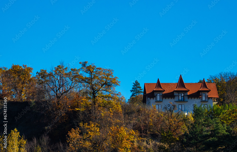 Landscape with a house among the trees in autumn