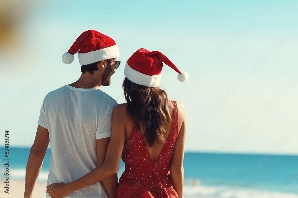 Obraz premium A loving couple in santa hats on the seashore, view from behind.Copy space for text.Travel concept for the Christmas holidays and New Year.Vacation discounts,
