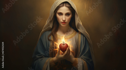The Blessed Virgin Mary with a red rose in her hands. Immaculate Heart of the Holy Mary - Nativity scene. photo