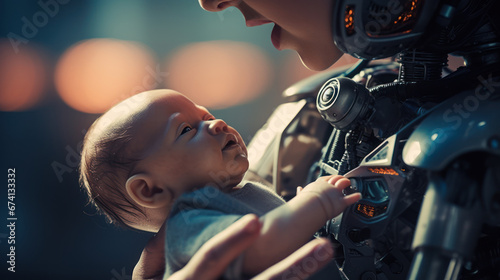 humanoid robot holding human baby extremely closeup, ai future