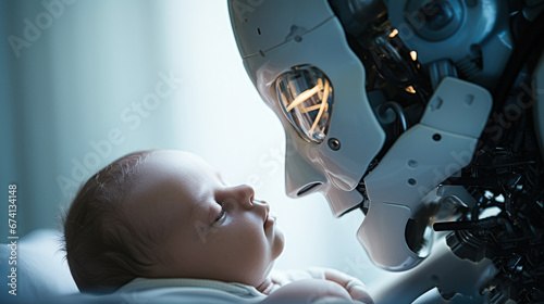 humanoid robot holding human baby extremely closeup, ai future photo