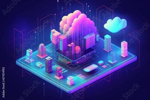 Illustration of cloud computing with isometric outline. Generative AI