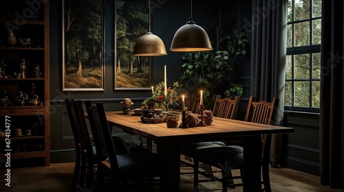 a dining room with dark colors photography ::10 , 8k, 8k render © sania
