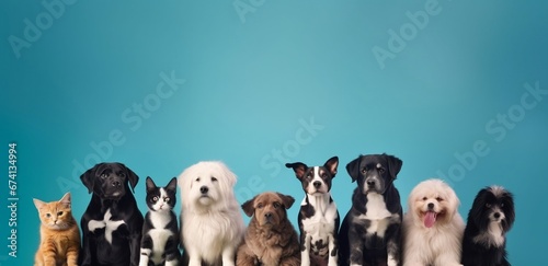Group of heartwarming dogs with cats in studio, shelter full of cute adoptable pets photo