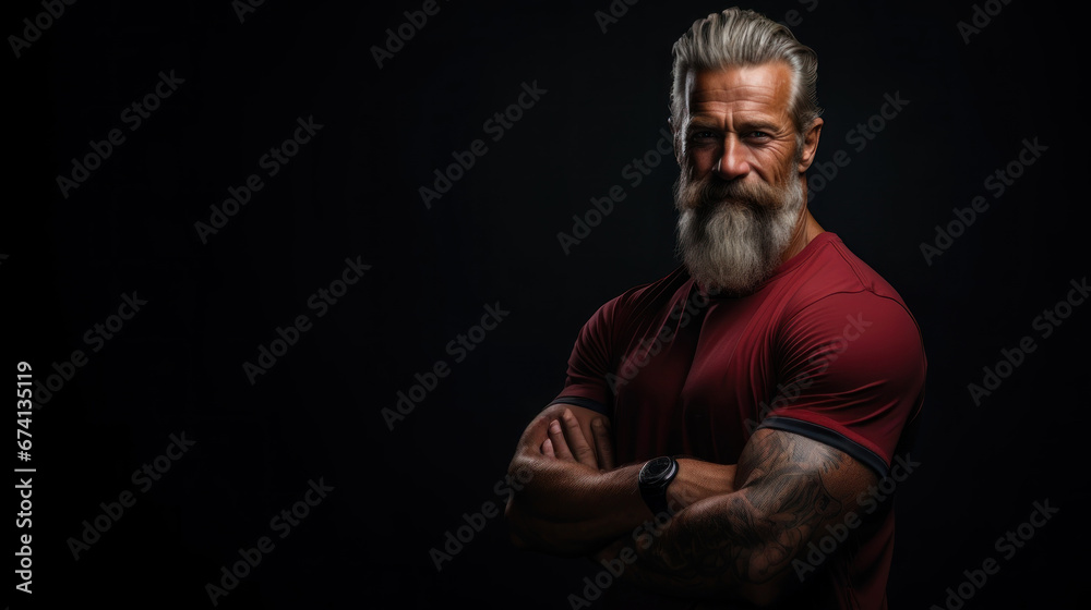 Portrait of a handsome muscular bearded mature man with tattooed arms on black background.