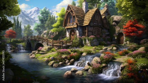 rpg cottage building isolated forest house by the river mill - by generative ai