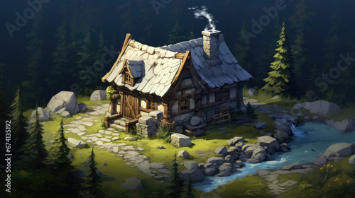 rpg cottage building isolated forest house - by generative ai