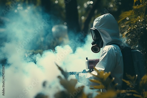 Pest control expert in protective suit effectively sprays potent gas to eradicate pests photo