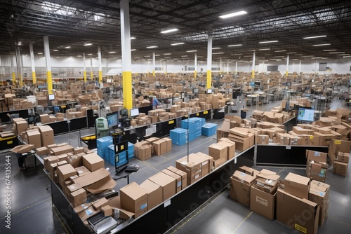 Automated warehouse fulfillment center with continuous flow of packages on conveyor belt photo