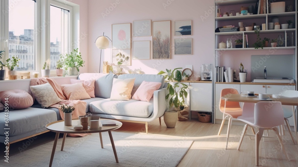 Scandinavian style small studio apartment with stylish design in light pastel colors with big window, living room, kitchen space and bed. photography. generative ai 