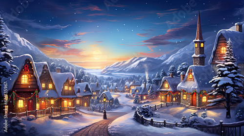 winter season scene during Christmas and new year time in rural countryside valley village with gradient twilight sky, painting style illustration, Generative Ai