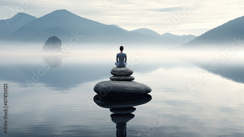 zen silhouette mindfulness meditation pebble rock balance - by generative ai 