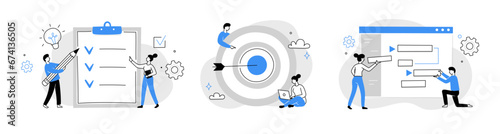 Checklist, survey list, business task plan on white clipboard paper with doodle line people. Business work goal, target, project management concept outline people. Vector illustration