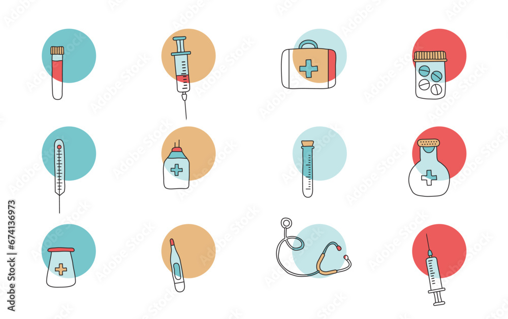 Medical outline vector icon, medicine doodle line set. Modern hand drawn first aid kit, syringe, stethoscope, vial, pills, vaccine on colorful banner. Healthcare illustration