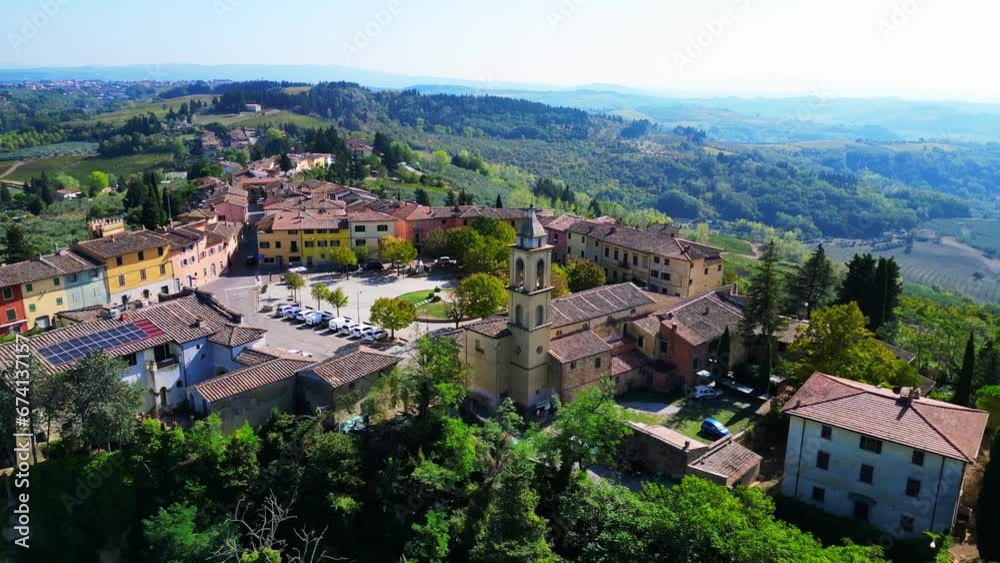Majestic aerial top view flight drone Tuscany Medieval Village hill Olive farmer