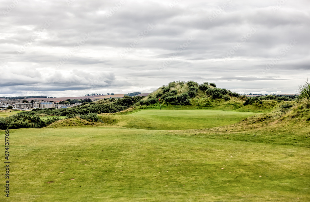 Fototapeta premium St Andrews, Scotland - September 22, 2023: Landscape views of the Jubilee Golf Course, a public course in St Andrews Scotland
