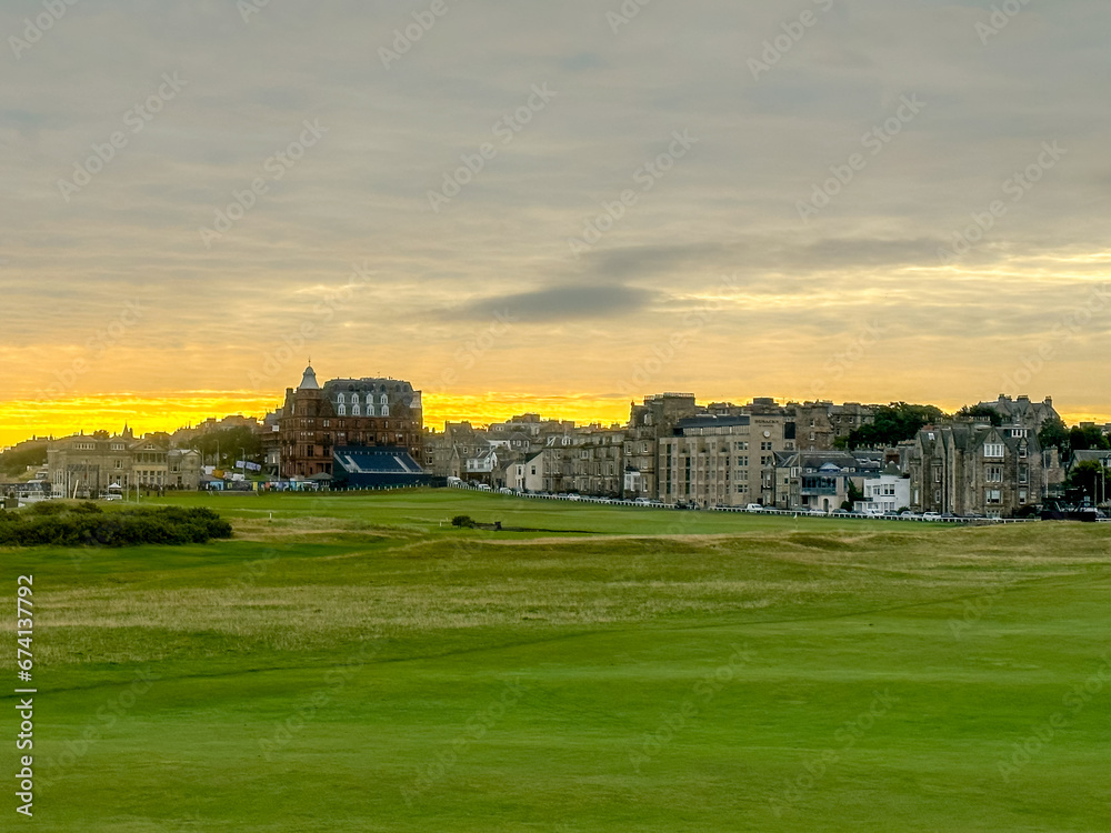 St Andrews, Scotland - September 22, 2023: Sunrise over the Old Course, a public golf course in St Andrews Scotland
