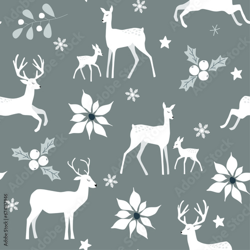 Seamless pattern with silhouettes of deer on the background of winter berries, flowers, snowflakes. Vector abstract graphics.