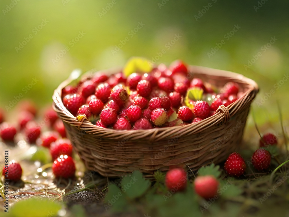 Wild strawberries in a basket placed on the grass. Wild strawberries in a basket placed on the grass.