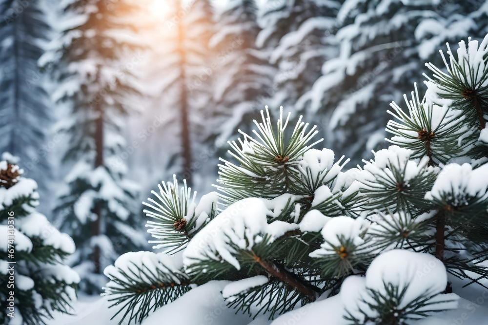 pine branches covered with snow generated by AI technology	