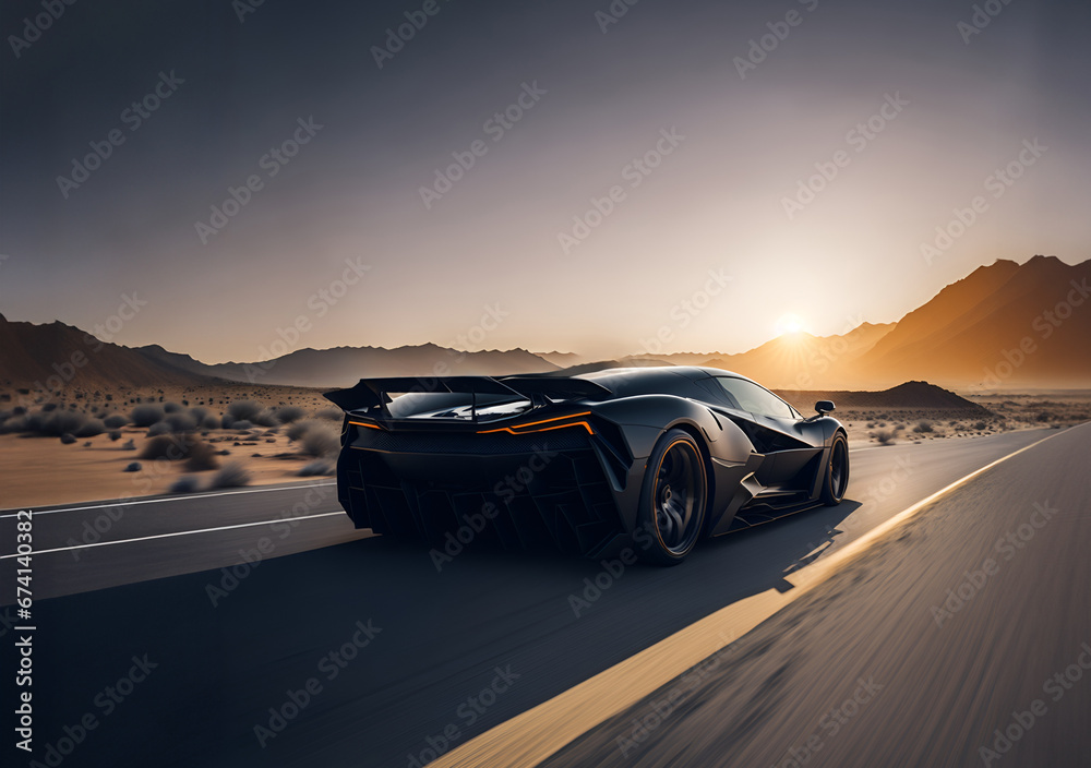 Rear view of a high-speed supercar on a dusty desert road. Black racing sport car racing through arid terrain Rear view of a high-speed supercar on a dusty desert road. Black racing sport car racing through arid terrain