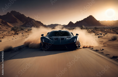 High-speed supercar on a dusty desert road. Black racing sport car racing through arid terrain photo