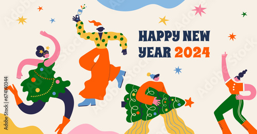 Fun Merry Christmas and Happy New Year banner, Christmas background and card with groovy, hippie bizarre disproportionate characters, wearing Santa hat, dancing, jumping and drinking champagne