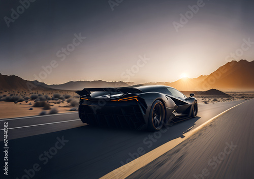 Rear view of a high-speed supercar on a dusty desert road. Black racing sport car racing through arid terrain © Gaston