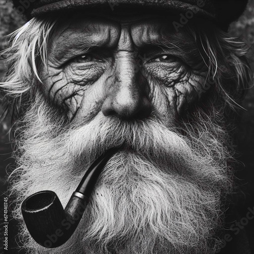 Close portrait of the face of an old fisherman with a beard and smoking a pipe