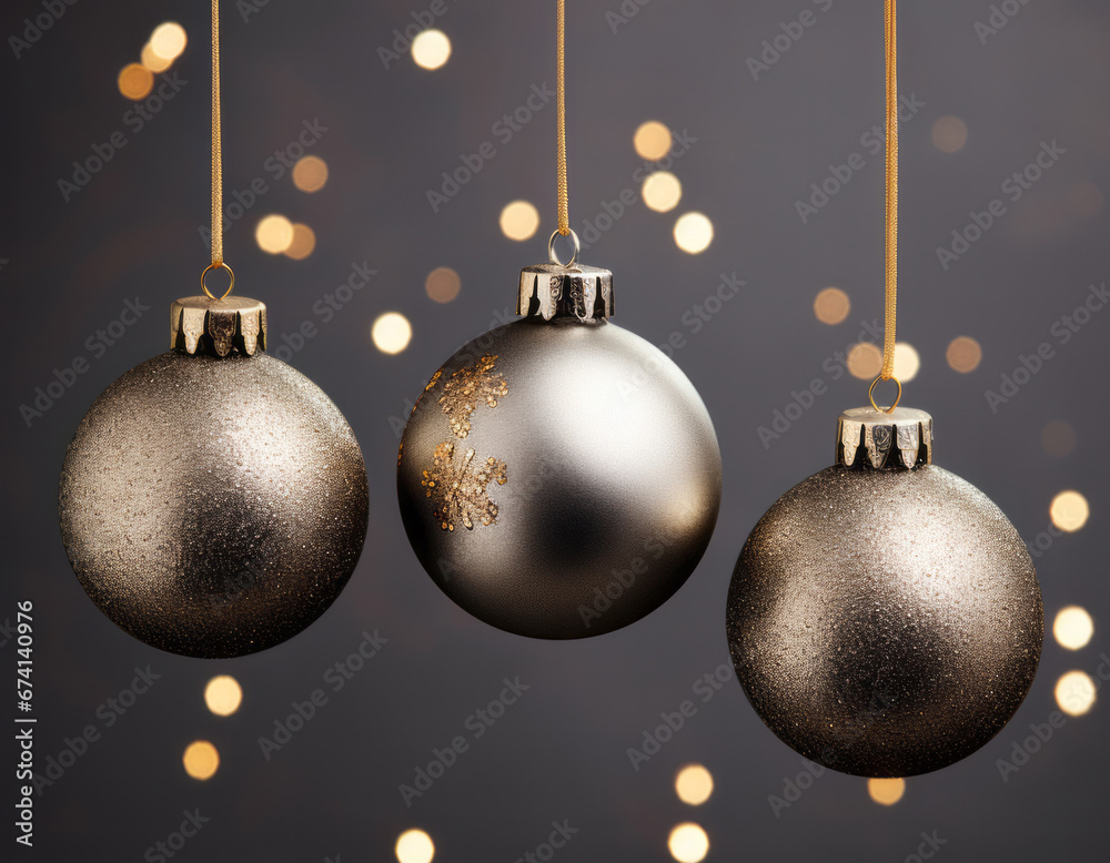 Three Christmas balls in gold and black colors on a black background Three Christmas balls in gold and black colors on a black background