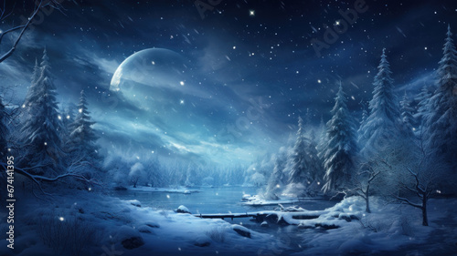 Dreamy winter forest at Christmas night, landscape with starry sky, snow and moon. Scenery of fairy tale snowy woods. Theme of New Year holiday, wonderland, nature, star, magic, storm © karina_lo