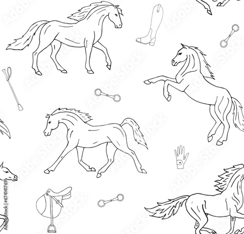 Vector seamless pattern of hand drawn sketch doodle horses isolated on white background