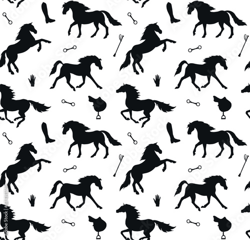 Vector seamless pattern of hand drawn horses silhouette isolated on white background