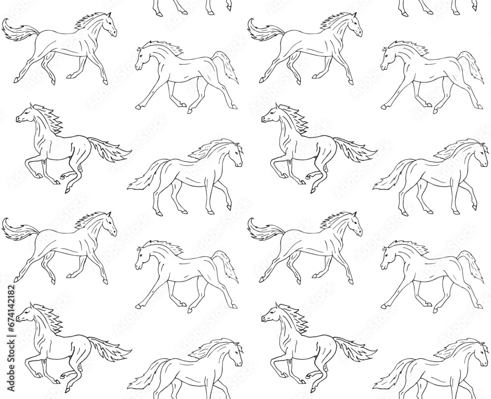 Vector seamless pattern of hand drawn sketch doodle horses isolated on white background