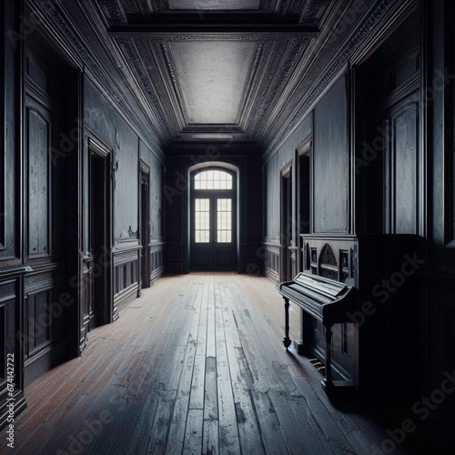 Dark hallway of an uninhabited house with a piano