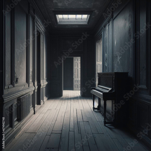 Dark hallway of an uninhabited house with a piano