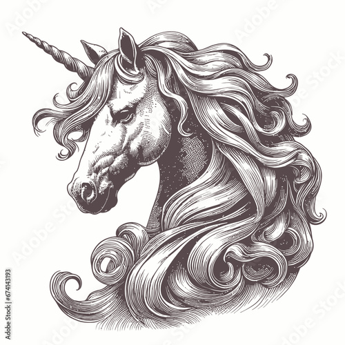 vector vintage illustration of unicorn in engraving style. Hand drawn portrait of magic animal isolated on white. Fantasy character sketch © Ahmed