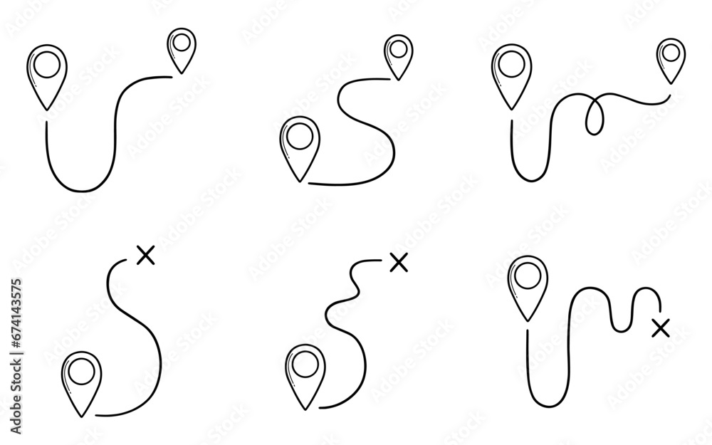 Distance Doodle Map distance measuring doodle set. Navigation sign, location pointers ...