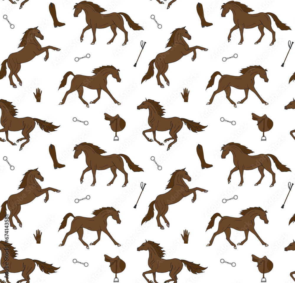 Vector seamless pattern of hand drawn sketch doodle horses isolated on white background