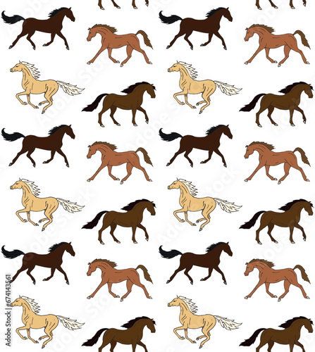 Vector seamless pattern of different color hand drawn sketch doodle horses isolated on white background