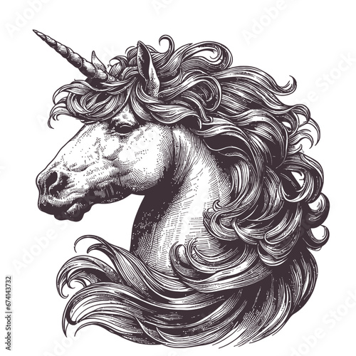 vector vintage illustration of unicorn in engraving style. Hand drawn portrait of magic animal isolated on white. Fantasy character sketch