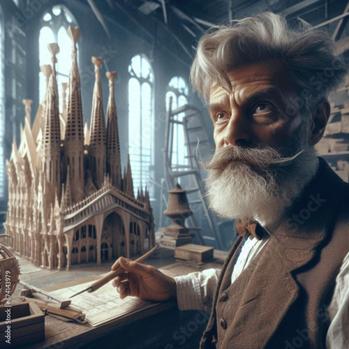 Elderly 19th century architect with beard and white hair designing a futuristic cathedral photo